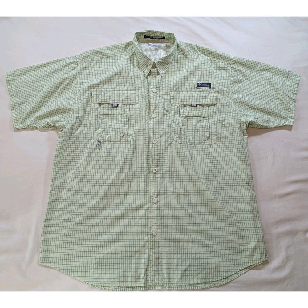 Columbia PFG Super Bahama Shirt Men's Large Green Plaid S/S Fishing Vented